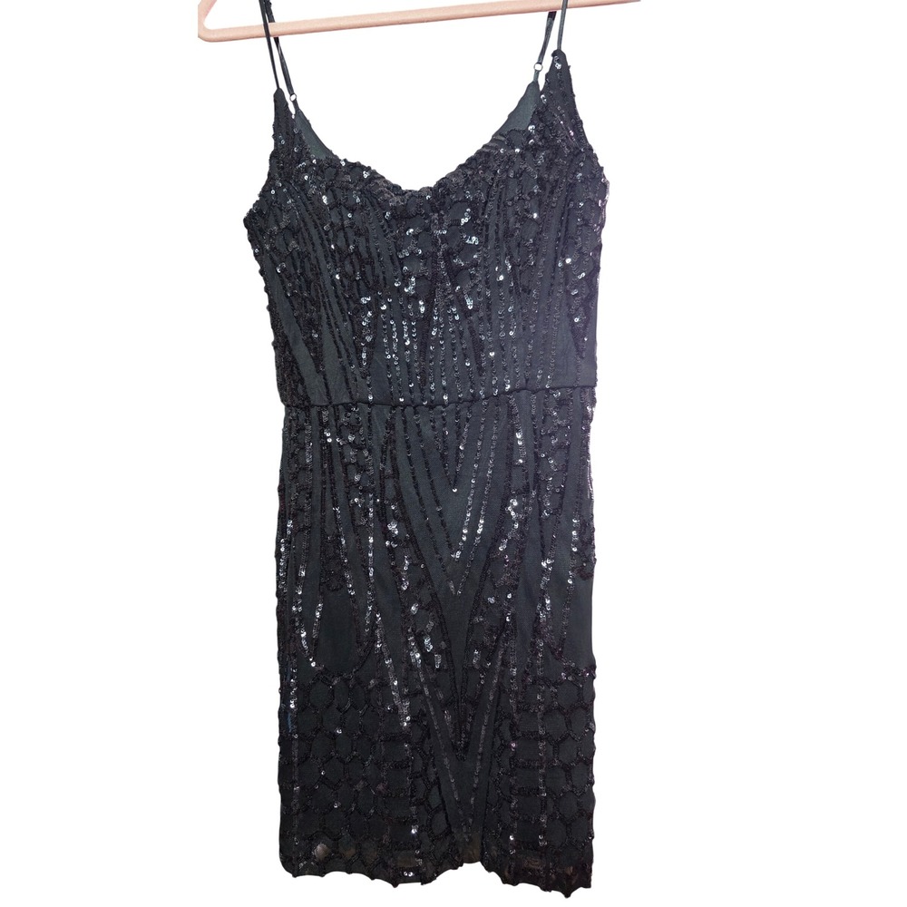 Windsor Black Lace Sequin Beaded Mini Dress Size 8 Cocktail Spaghetti Strap - Picture 2 of 9